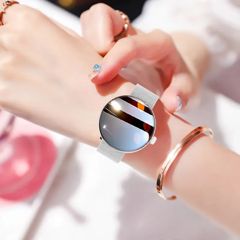 Women's smart watch with circular colour screen, metal strap, and aluminium alloy case