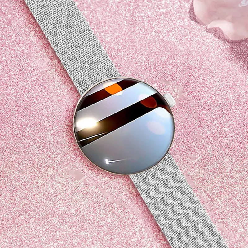 Women's smart watch with circular colour screen, metal strap, and aluminium alloy case