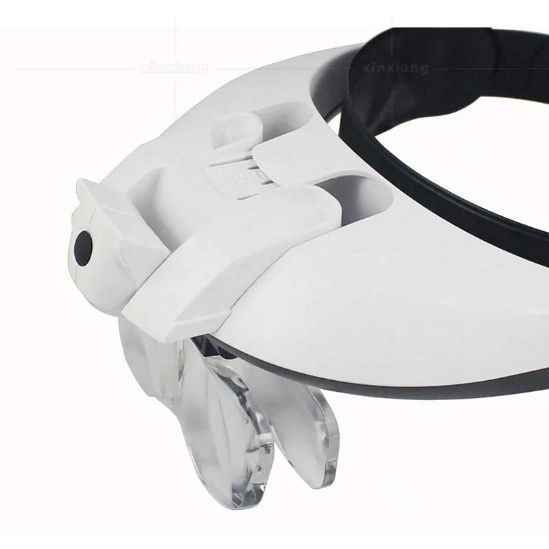 Head mounted magnifier with five lens plates and dual LED light on adjustable head strap