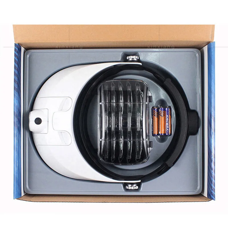 Head mounted magnifier with five lens plates and dual LED light on adjustable head strap