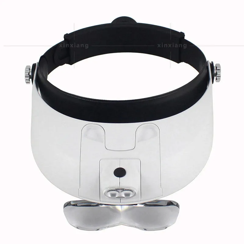 Head mounted magnifier with five lens plates and dual LED light on adjustable head strap