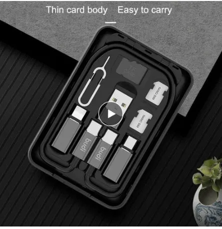 Black budi multi-functional power bank box with USB C cable, adapters, and SIM slots, 5000mAh capacity