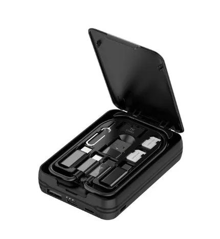 Black budi multi-functional power bank box with USB C cable, adapters, and SIM slots, 5000mAh capacity