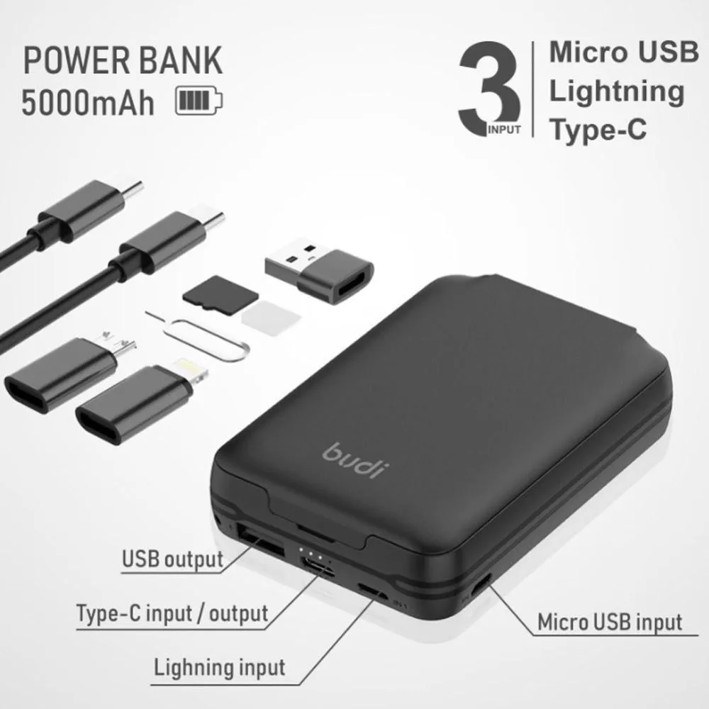 Black budi multi-functional power bank box with USB C cable, adapters, and SIM slots, 5000mAh capacity