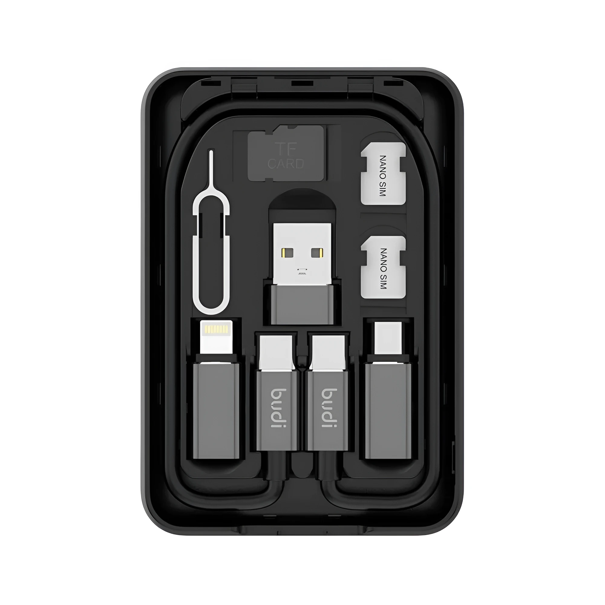 Black budi multi-functional power bank box with USB C cable, adapters, and SIM slots, 5000mAh capacity