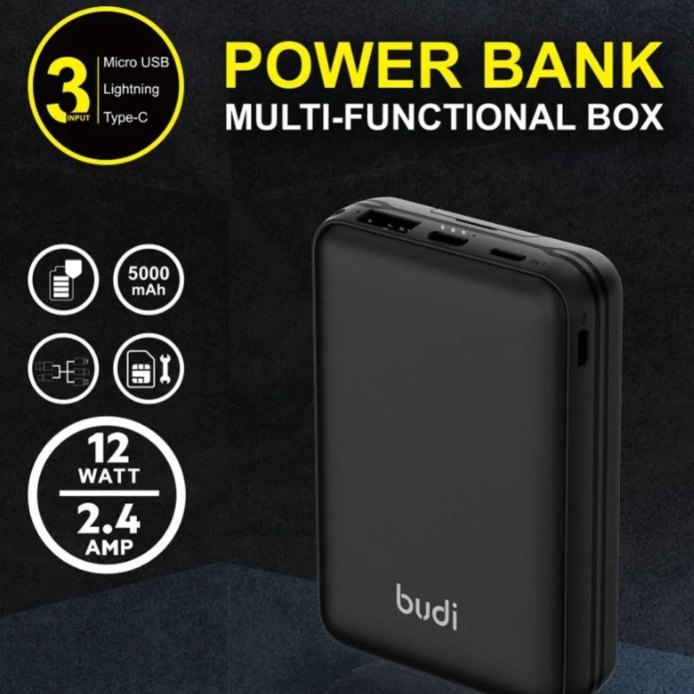 Black budi multi-functional power bank box with USB C cable, adapters, and SIM slots, 5000mAh capacity