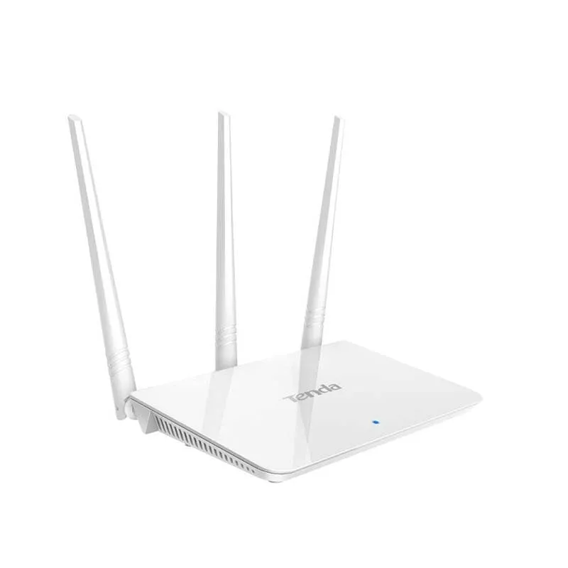 White dual-band wireless router on a desk.