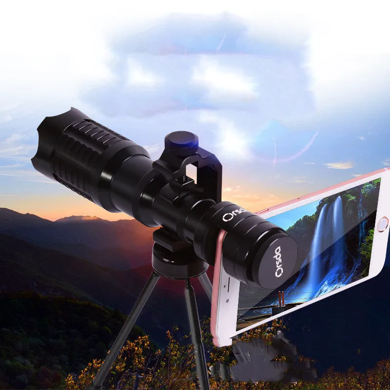 20x mobile phone telescope black telephoto lens with U-shaped adapter ring and tripod on smartphone