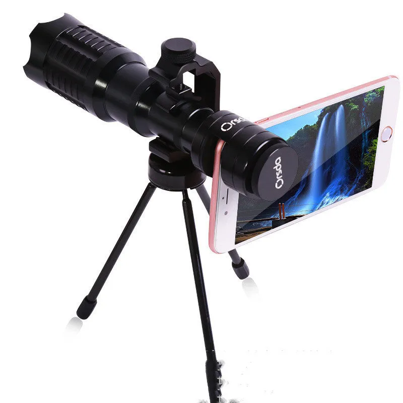 20x mobile phone telescope black telephoto lens with U-shaped adapter ring and tripod on smartphone