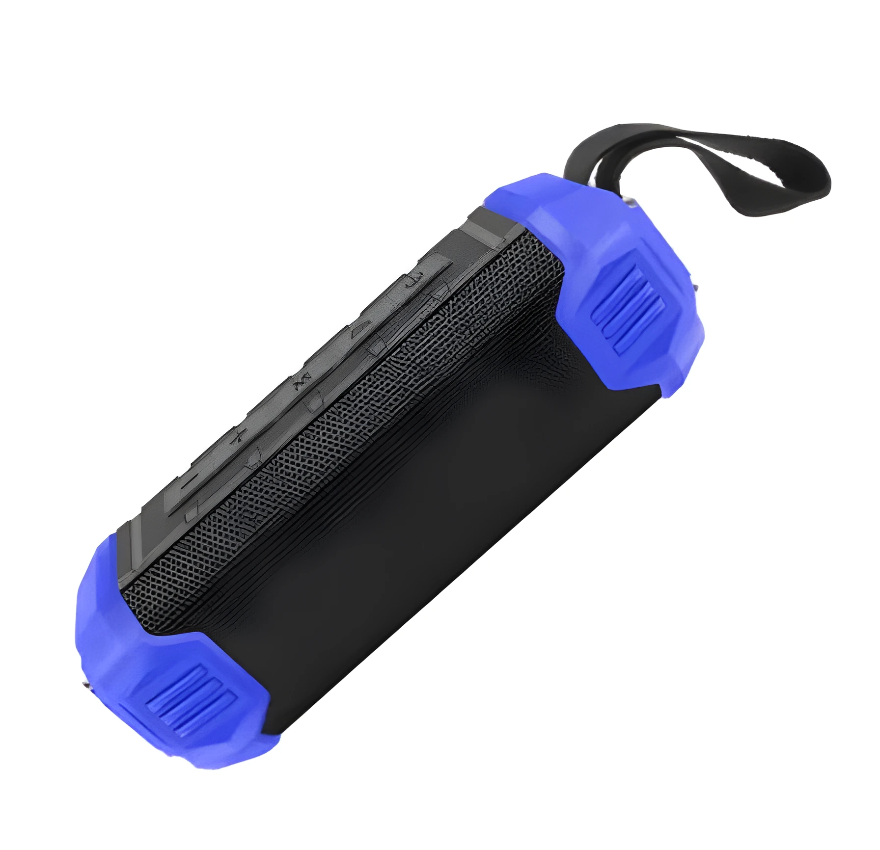 Portable outdoor waterproof Bluetooth speaker IPX4 with lanyard in black, showing speaker grille and controls
