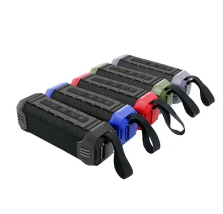 Portable outdoor waterproof Bluetooth speaker IPX4 with lanyard in black, showing speaker grille and controls