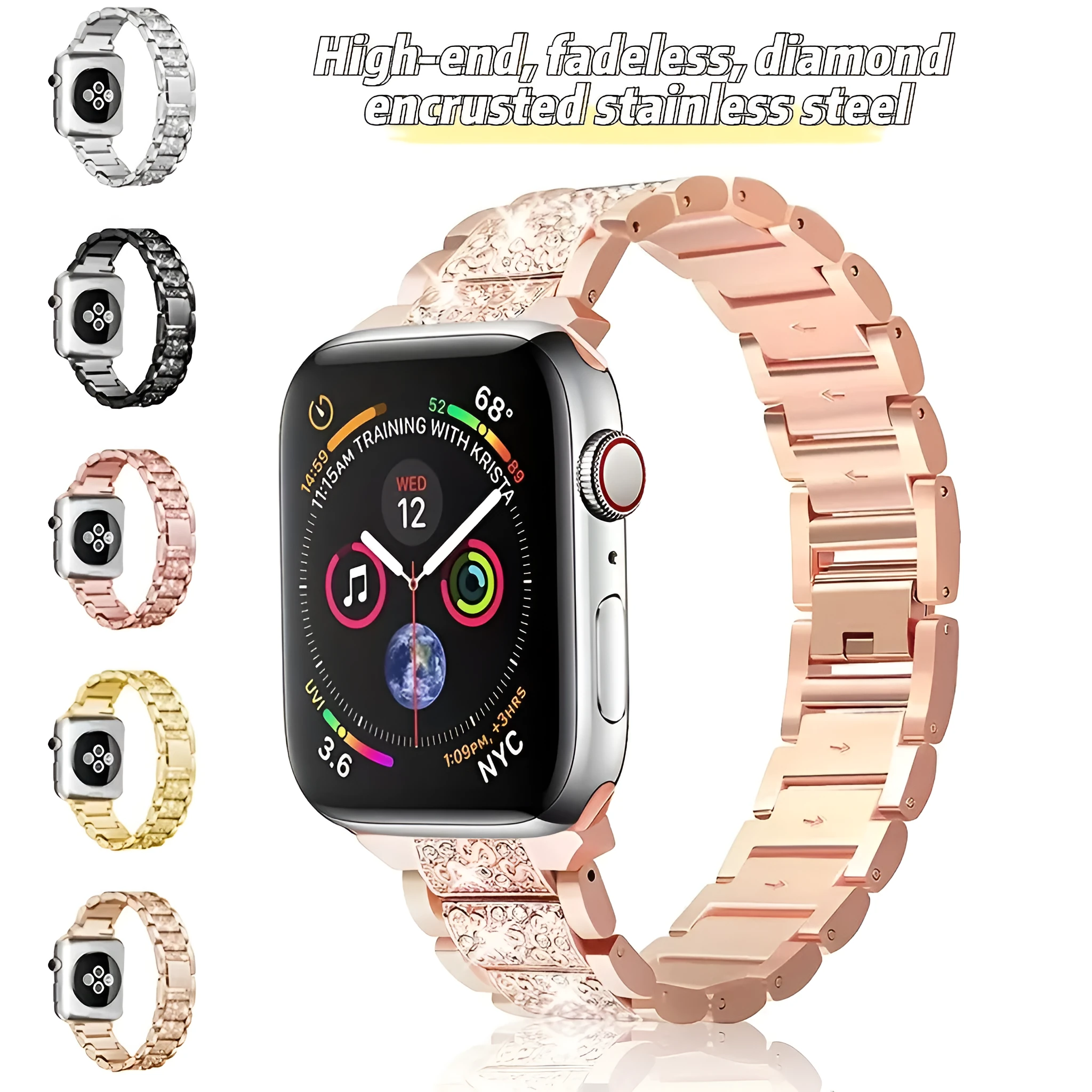 Metal diamond-encrusted watch band in rose gold colour with sparkling links