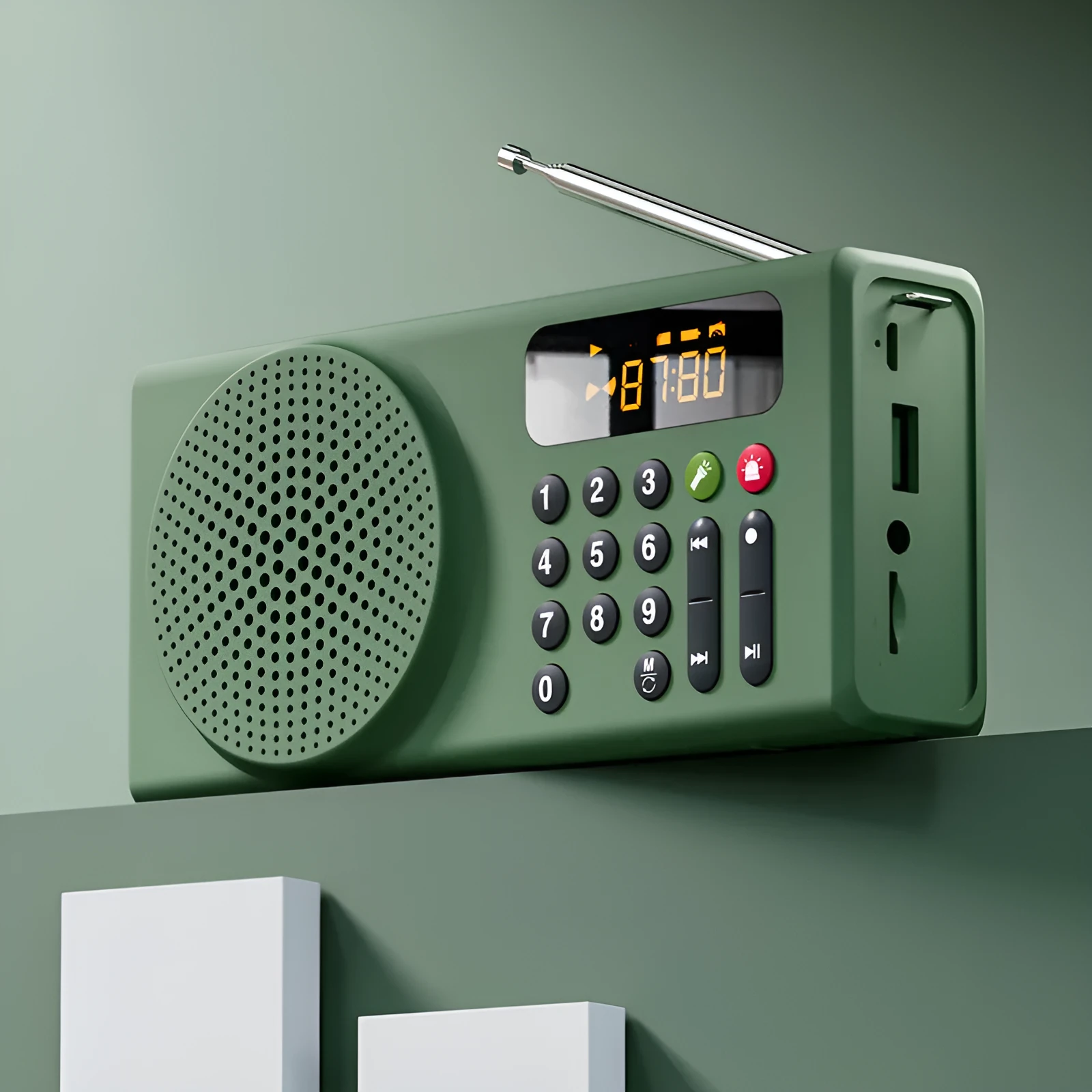 V70 portable emergency radio in white with buttons and speaker grille, showing Bluetooth and FM modes, 160x46x76mm size