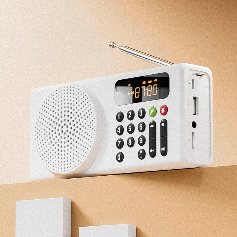 V70 portable emergency radio in white with buttons and speaker grille, showing Bluetooth and FM modes, 160x46x76mm size