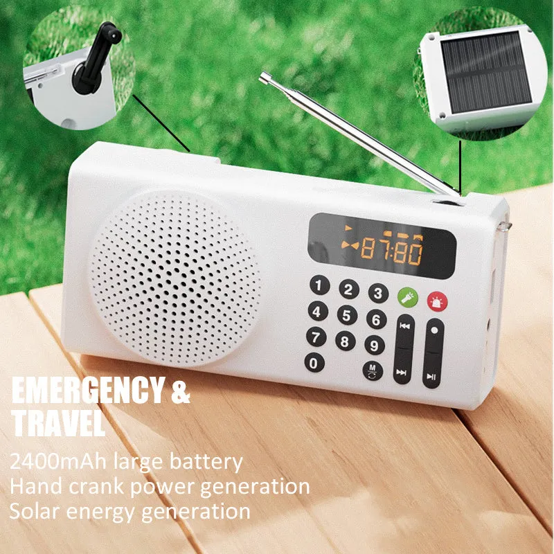 V70 portable emergency radio in white with buttons and speaker grille, showing Bluetooth and FM modes, 160x46x76mm size