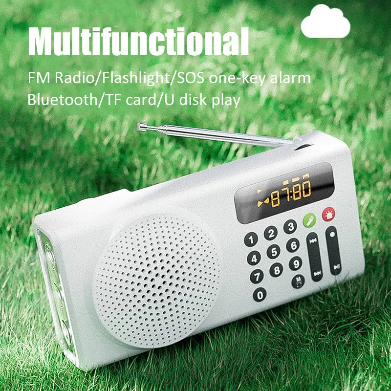 V70 portable emergency radio in white with buttons and speaker grille, showing Bluetooth and FM modes, 160x46x76mm size