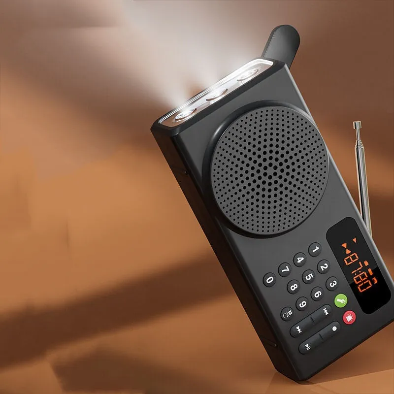 V70 portable emergency radio in white with buttons and speaker grille, showing Bluetooth and FM modes, 160x46x76mm size
