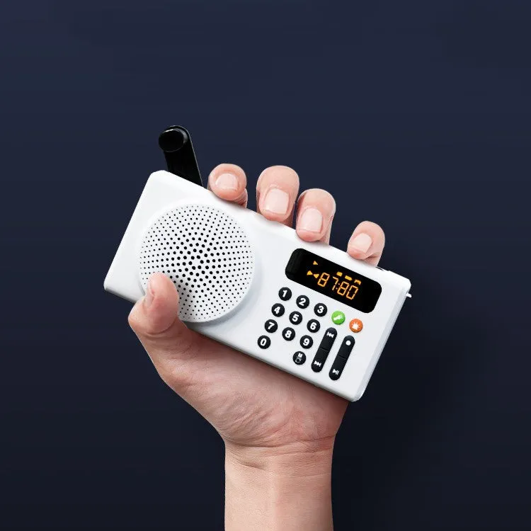 V70 portable emergency radio in white with buttons and speaker grille, showing Bluetooth and FM modes, 160x46x76mm size