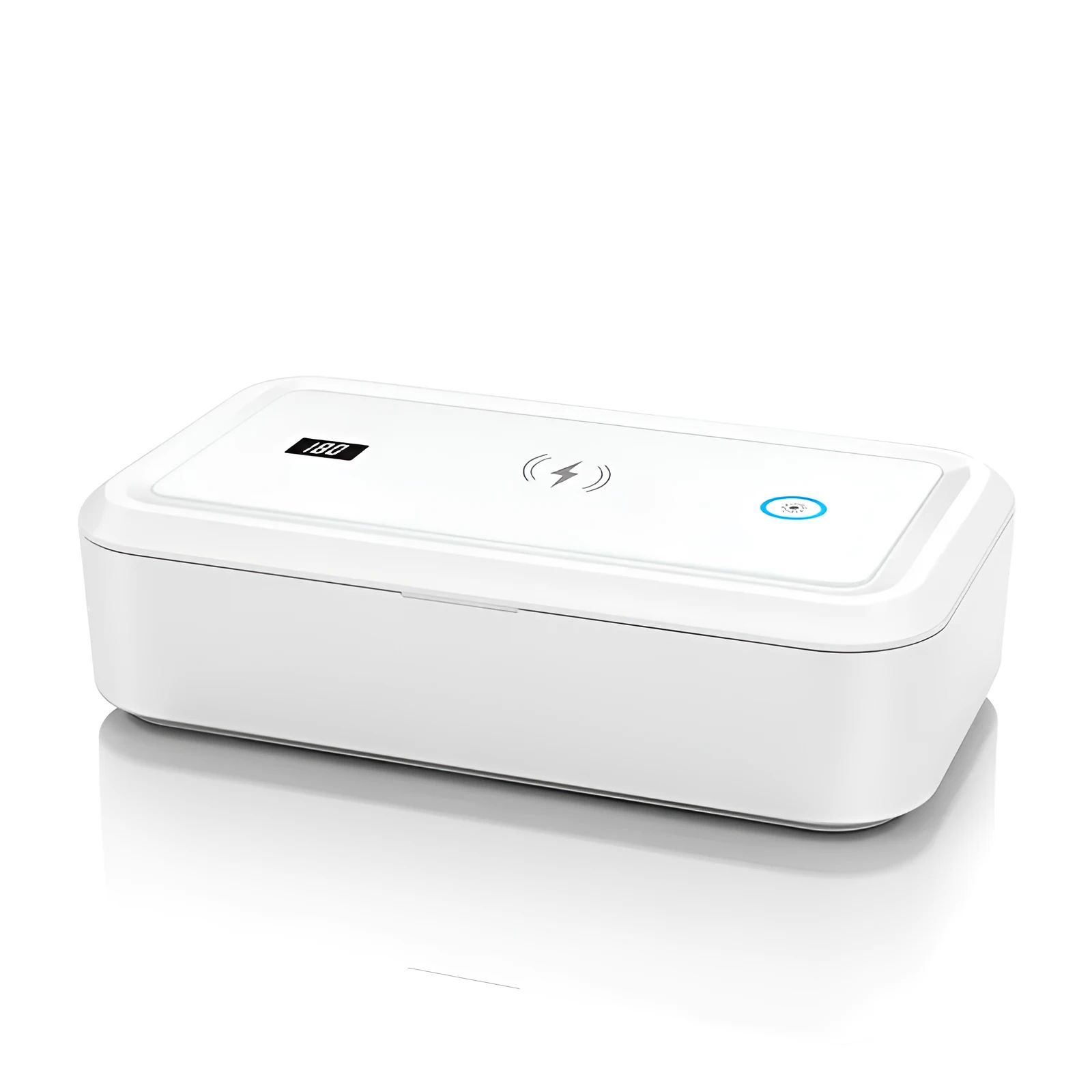 White cell phone disinfection box with USB cable, mechanical timer dial, and slot for smartphone insertion