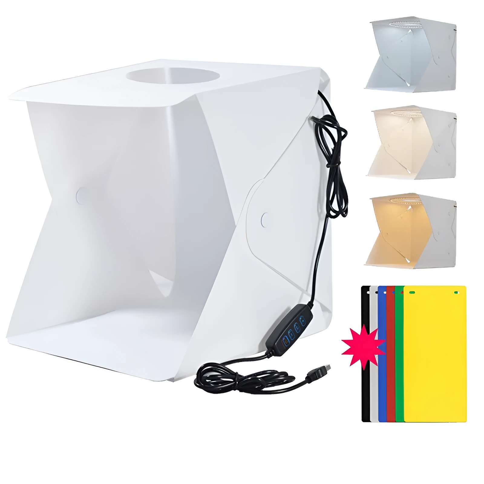 40cm folding EVA LED photography light box with six coloured background cloths and a USB cable