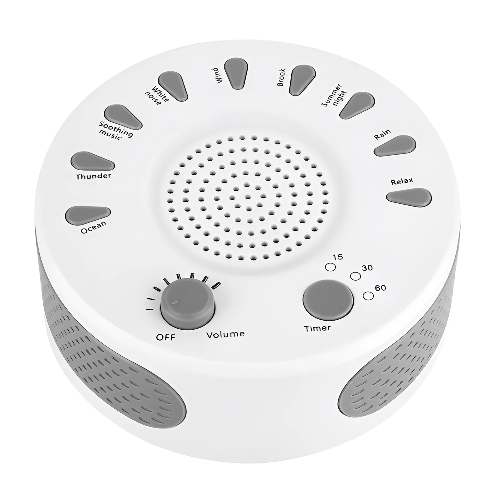 White portable white noise sleep sound machine with control knob on a bedside table.