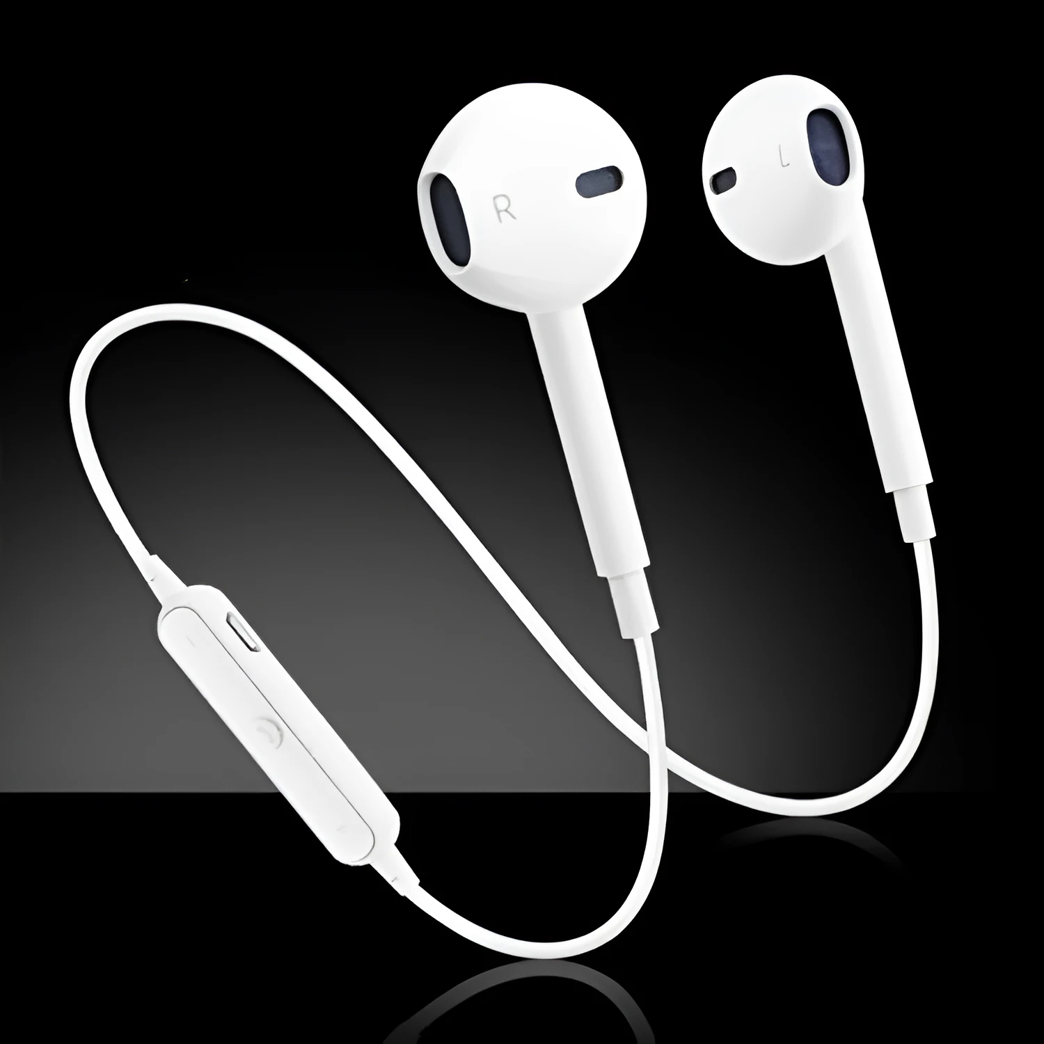 Mini sports portable binaural stereo Bluetooth headphones in black with USB charging cable
