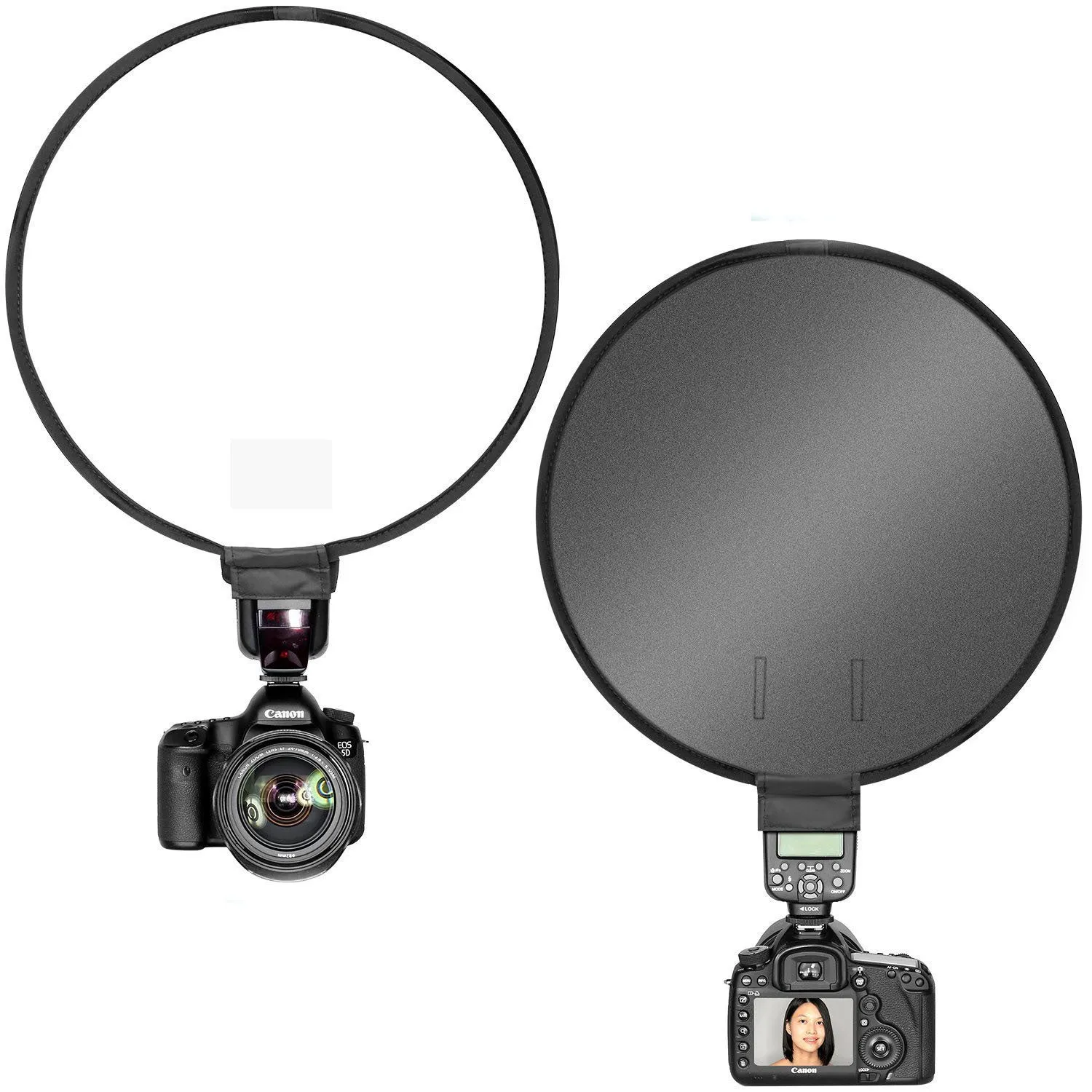 On-camera flash ring soft diffuser in 30cm or 40cm size with alloy strip and 6x10cm opening