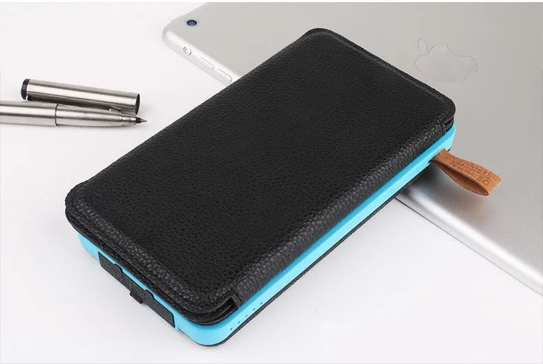 Solar charging power bank 8000mAh with folding sleeve, plastic shell, 155x81.5x15.5mm, Black+Blue