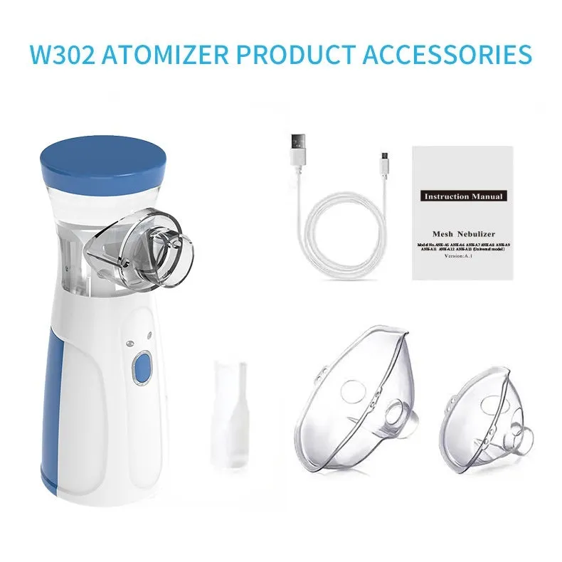 White neutral SY308 portable compressed micro-mesh nebulizer with bilateral masks and power cord on flat surface
