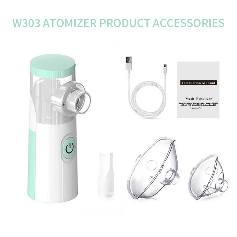 White neutral SY308 portable compressed micro-mesh nebulizer with bilateral masks and power cord on flat surface
