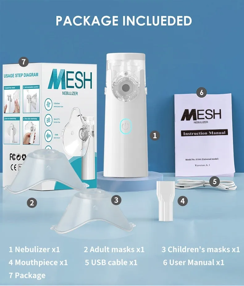 White neutral SY308 portable compressed micro-mesh nebulizer with bilateral masks and power cord on flat surface