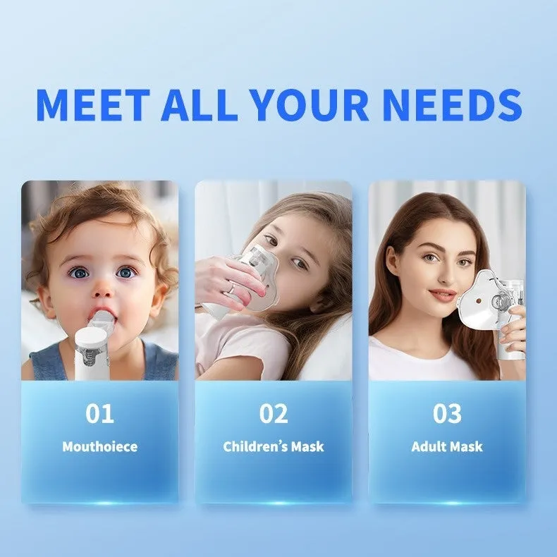 White neutral SY308 portable compressed micro-mesh nebulizer with bilateral masks and power cord on flat surface