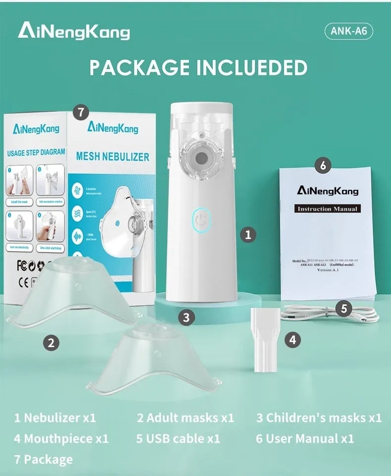 White neutral SY308 portable compressed micro-mesh nebulizer with bilateral masks and power cord on flat surface