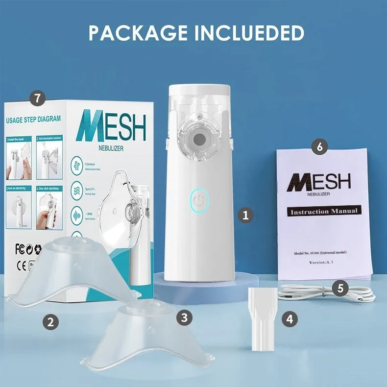 White neutral SY308 portable compressed micro-mesh nebulizer with bilateral masks and power cord on flat surface