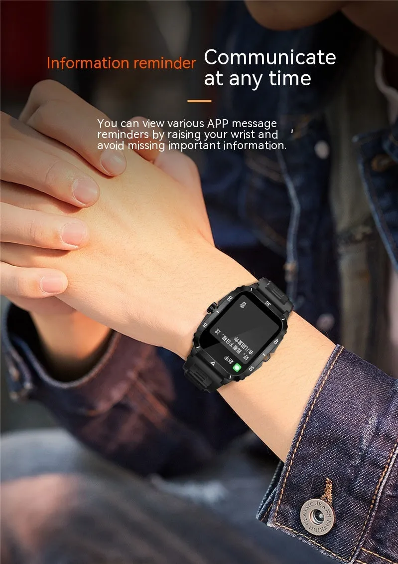 Black outdoor sports smart watch with Bluetooth calling, TFT screen, and silicone strap