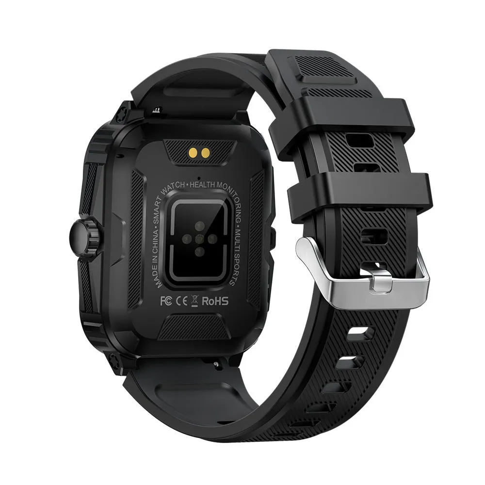 Black outdoor sports smart watch with Bluetooth calling, TFT screen, and silicone strap