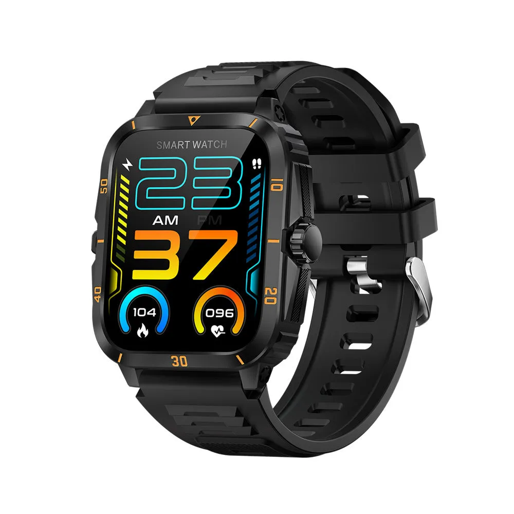 Black outdoor sports smart watch with Bluetooth calling, TFT screen, and silicone strap