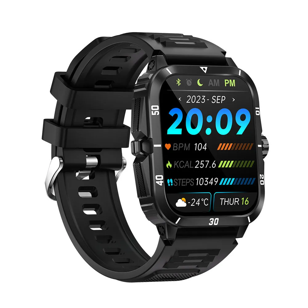Black outdoor sports smart watch with Bluetooth calling, TFT screen, and silicone strap