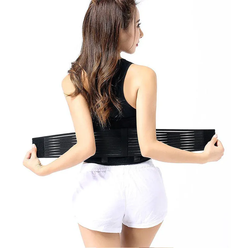 Black self-heating magnetic waist support belt for lumbar muscle strain, shown on a neutral background.