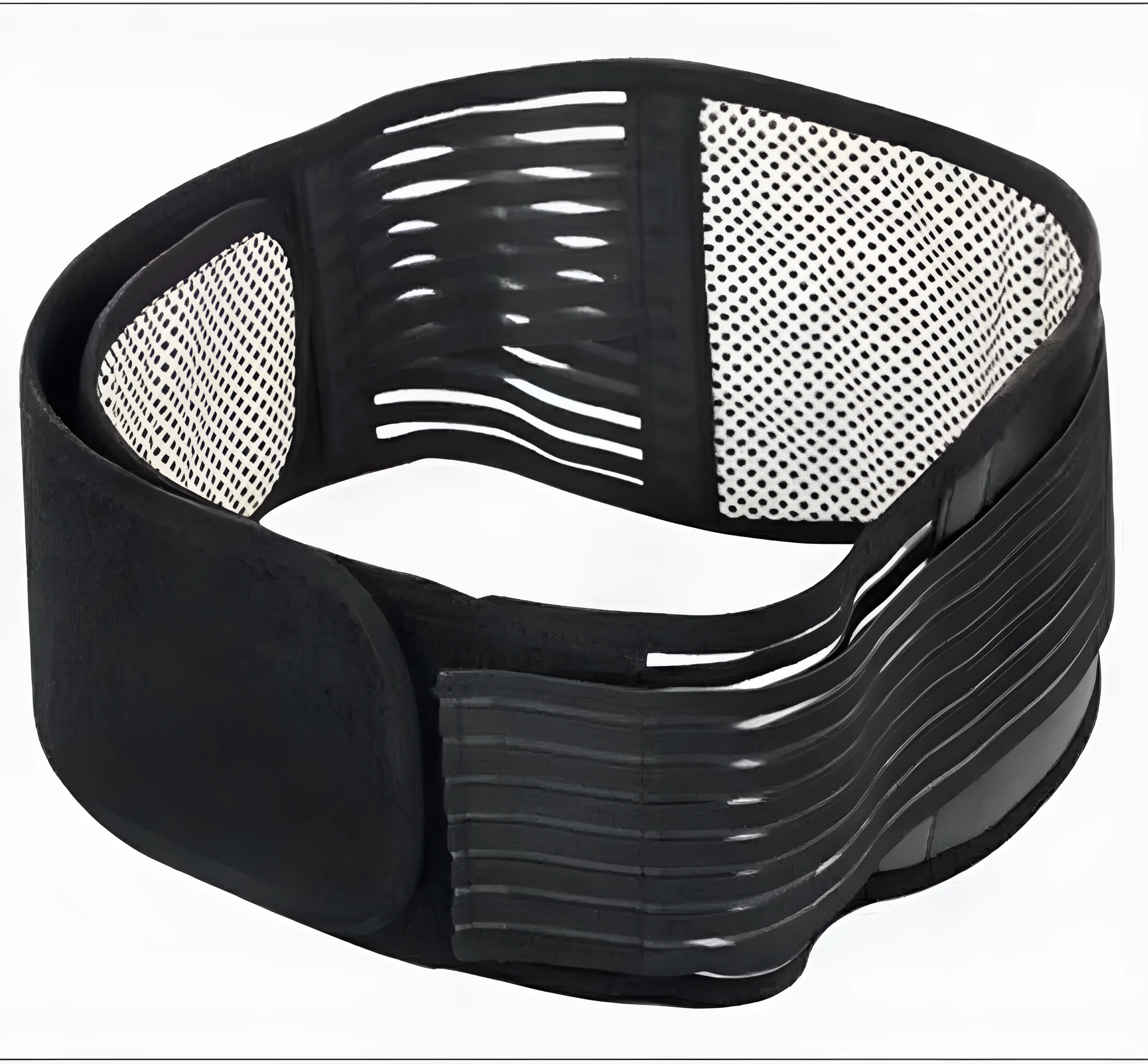 Black self-heating magnetic waist support belt for lumbar muscle strain, shown on a neutral background.