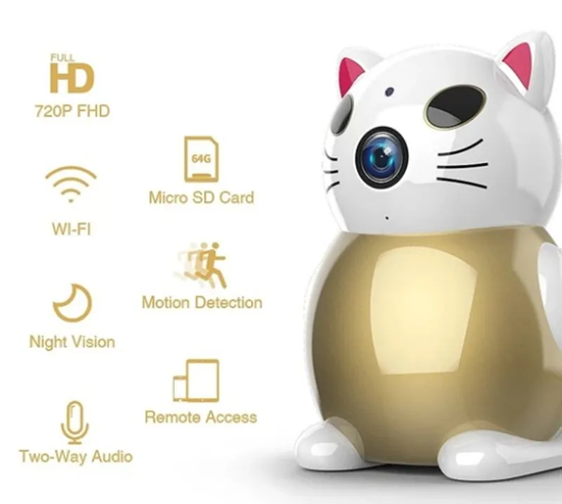 Gold Lucky Cat wireless camera with 2MP 1080P lens for mobile phone remote monitoring