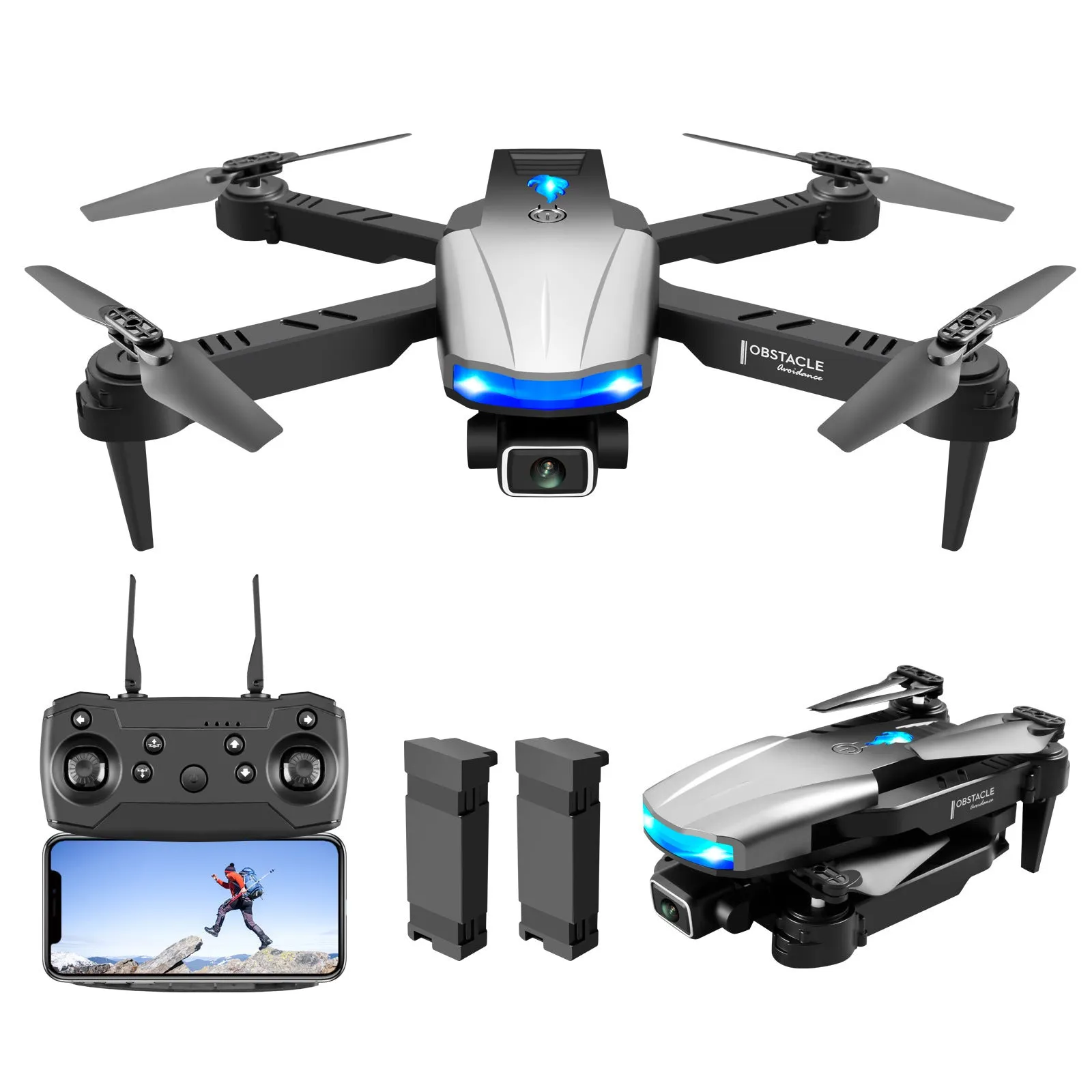 Four-axis plastic drone with 4K dual camera and three-side obstacle avoidance, 30-50cm size