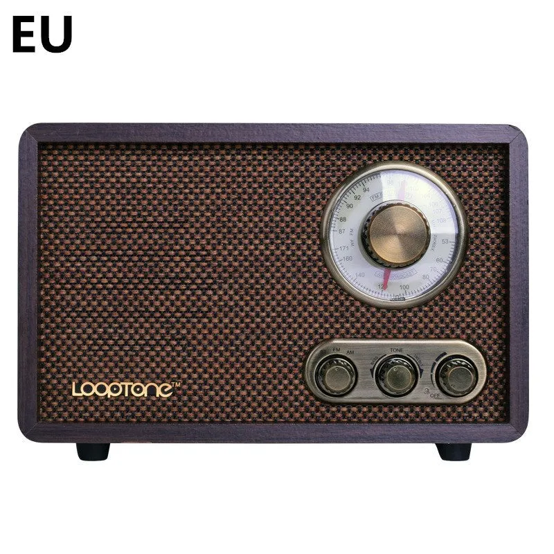 R08 wooden retro Bluetooth radio in dark brown finish with AM FM dial and tone controls