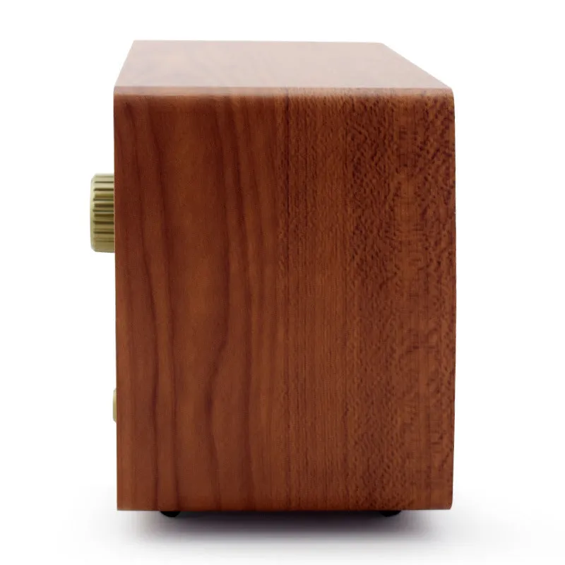 R08 wooden retro Bluetooth radio in dark brown finish with AM FM dial and tone controls