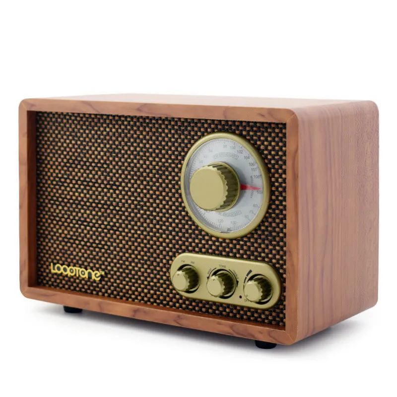 R08 wooden retro Bluetooth radio in dark brown finish with AM FM dial and tone controls