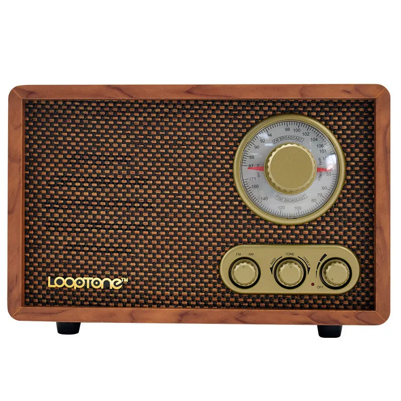 R08 wooden retro Bluetooth radio in dark brown finish with AM FM dial and tone controls