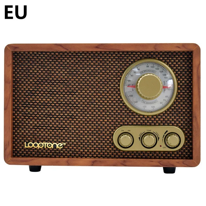 R08 wooden retro Bluetooth radio in dark brown finish with AM FM dial and tone controls