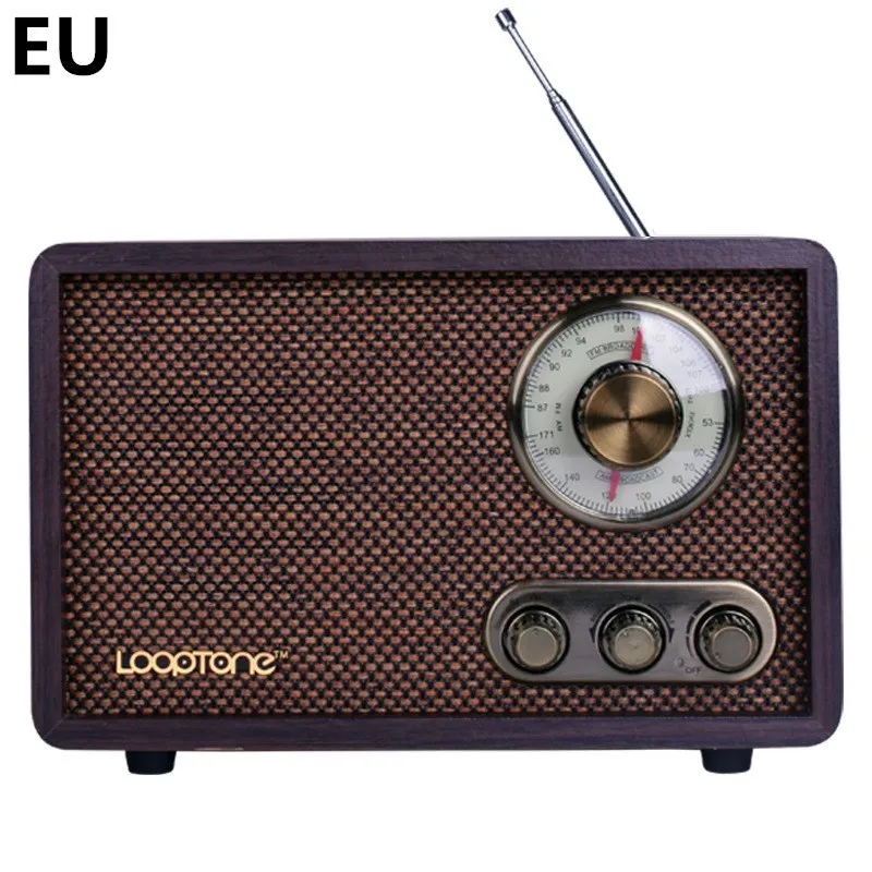 R08 wooden retro Bluetooth radio in dark brown finish with AM FM dial and tone controls