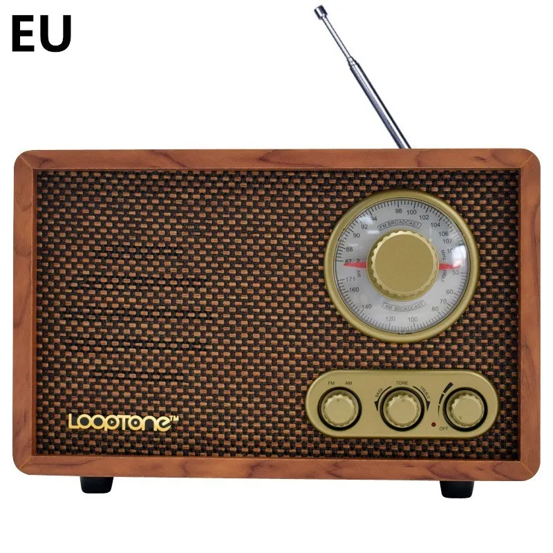 R08 wooden retro Bluetooth radio in dark brown finish with AM FM dial and tone controls