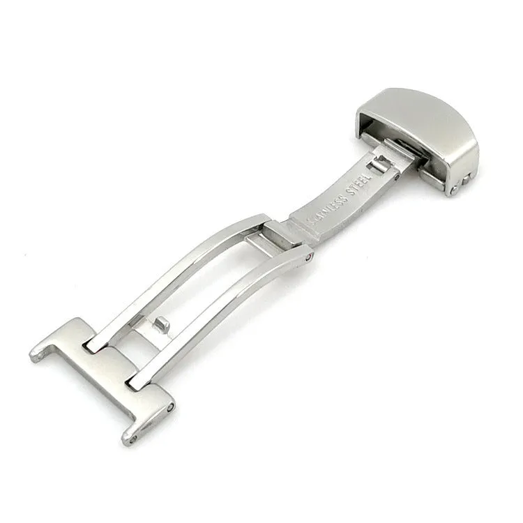 Silver stainless steel single-side folding watch buckle clasp on a white background